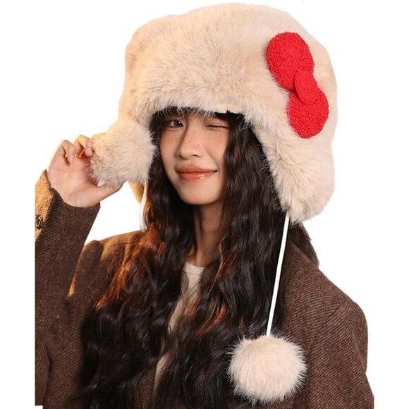 Women\'s Khaki Cartoon Animal Cute Faux Fur Trapper Ear Sherpa Beanie Hat main image 4